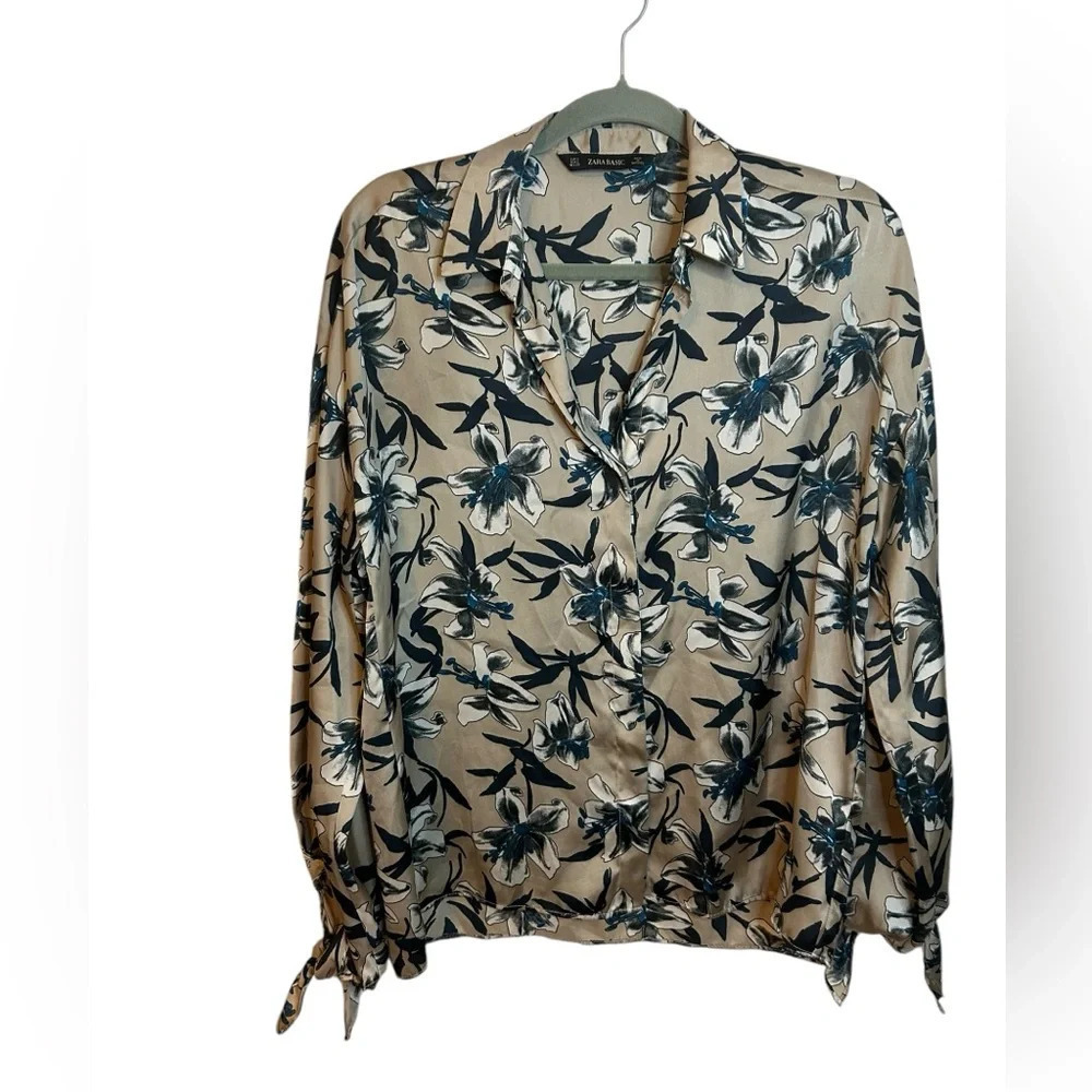Zara Floral Satin Tie Sleeve Button Down Top